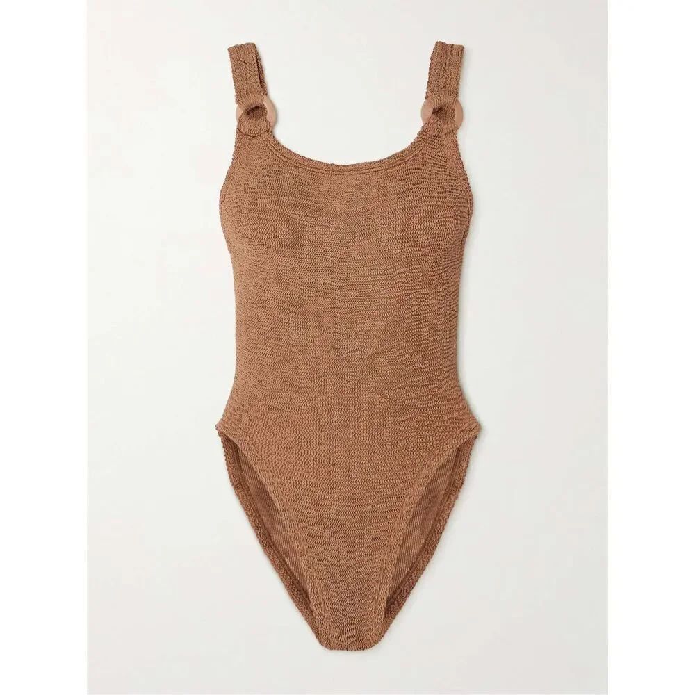 Hunza G Women Brown Domino Embellished Metallic One Piece Swimsuit One Size NWOT